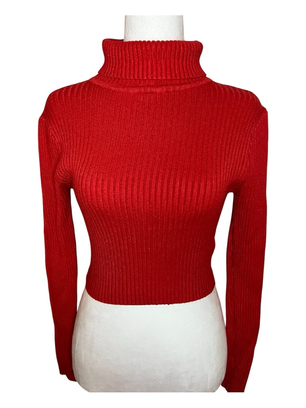 Love Tree Red Ribbed Turtleneck Crop Sweater